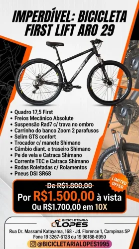 Bicicleta aro 29 First Lift 21V Inteira Shimano