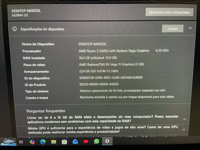 Ryzen 5 3400G 4c/8t 4.2GHz + Vega 11 Vídeo Integrado