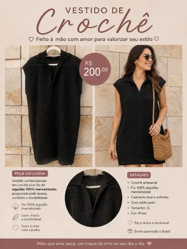 Vestido de crochê soltinho gola polo