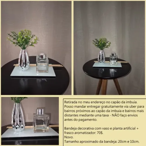 Kit bandeja decorativa com vaso e plantinha artificial + frasco aromatizador novo