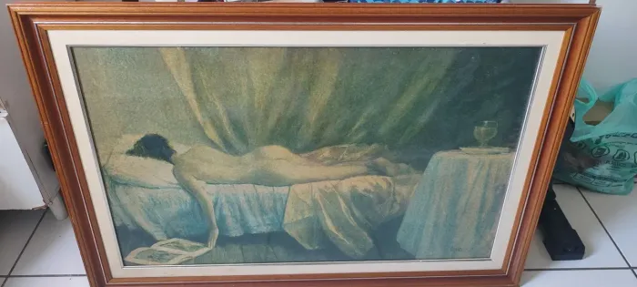 Quadro Antigo Gravura Nu Feminino - W. Maguetas (Moldura Grande Nobre)