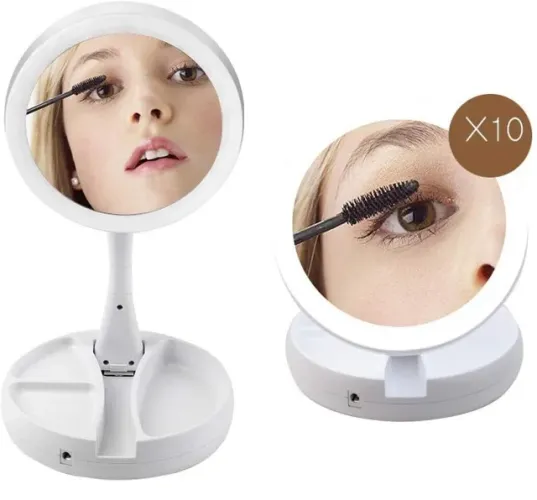Espelho De Maquiagem Com Luz Led Dobravel Aumenta 10x Portátil