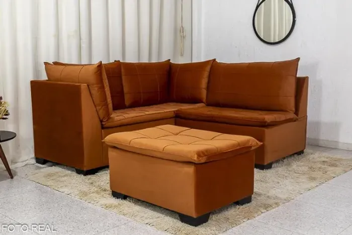 Sofá Canto com Puff Viena Veludo Terracota Até 12x - Frete Grátis