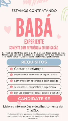 Vaga para Babá Experiente e com referências