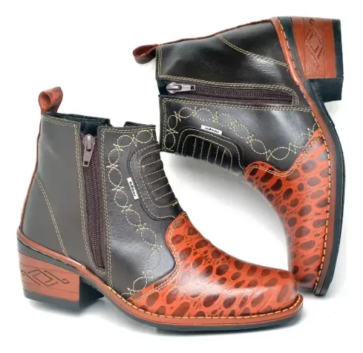Bota Country Adans Couro Preto E Café estampado