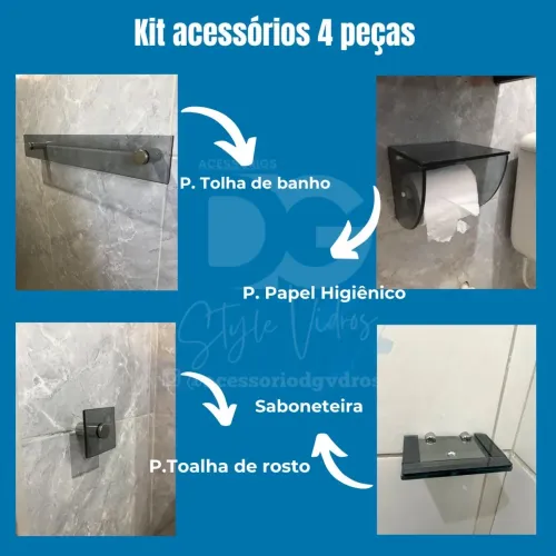 Kit Acessórios para Banheiro 4 Peças Vidro Temperado