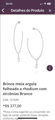 Brinco Argola Folheado a Rhodium com Zircônias Branco