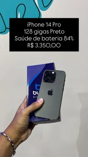 iPhone 14 Pro / 128GB / Preto / Saúde de bateria 84% / R$ 3.350,00