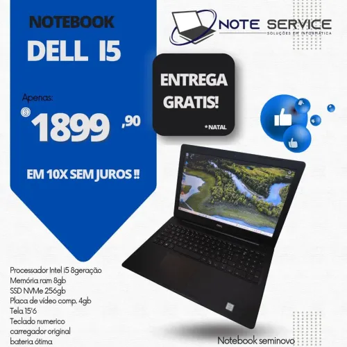 Notebook Dell i5, ssd nvme 256gb, tela 15.6, teclado númerico, carregador original.