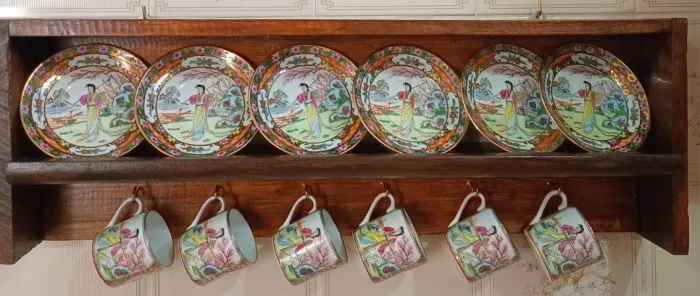 Jogo de 6 Xícaras de Café em Porcelana Pintada a Mão Chinesas Suporte em Madeira