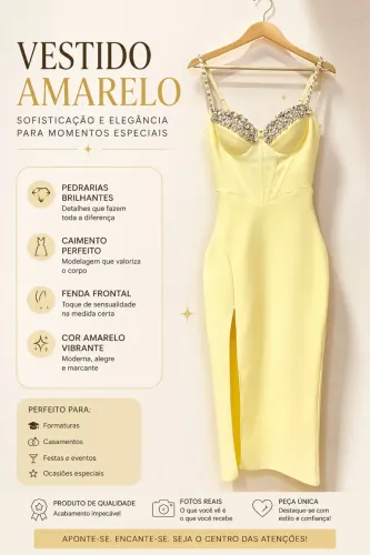     ? Vestido de Festa Amarelo com Pedrarias