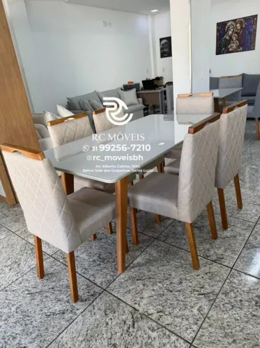 Mesa de jantar 1,70x0,90 Tampo Vidro Laqueado + 6 Lugares Madeira de lei Maciça - Com Nota