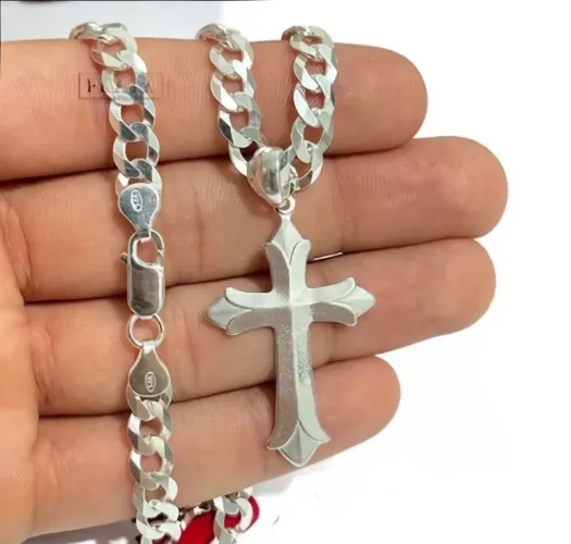 Corrente Prata 925 Legitima 7mm 70cm com pingente crucifixo