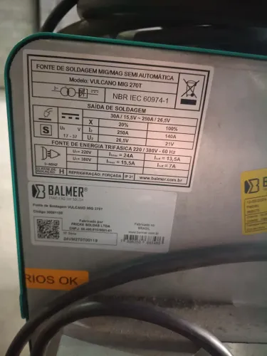 Máquina de solda balmer 270t com tocha vonder 3m manômetro e rolo de arame 1mm