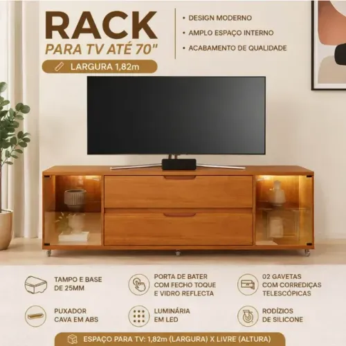 Rack Óreon Larg. 1.82m Cinamomo 2 Portas Reflect C/LED 2 Gavetas Para TV's até 70''