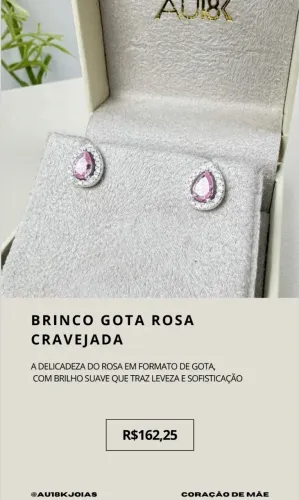 Brinco Gota Rosa Cravejada em Prata 925