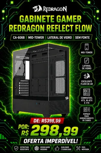 Gabinete Gamer Redragon Reflect Flow Black, ATX, Lateral e Frontal em Vidro Temperado