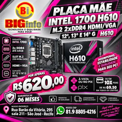 Placa-Mãe H610, Intel LGA 1700, DDR4, 64GB, Lan 100 - Em ate 10x Fixas