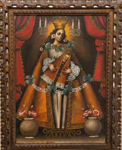Quadro de Nssa Senhora, escola Cusquenha, moldura entalhada, cópia adquirida no Peru.