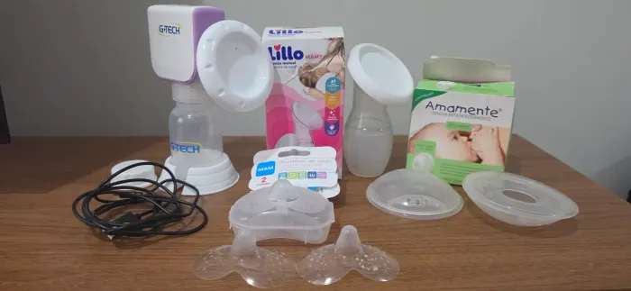 Kit Amamentação:Extrator Elétrico G-Tech+Bomba Coletora Lillo+Concha Amamente+Protetor MAM