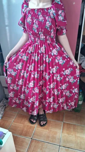 Vestido Feminino Midi com Mangas Bufantes e Elástico nas costas