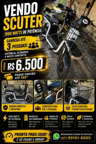 Scooter Elétrica 1000W Branca - C/ Cadeirinha Infantil, Cesto e Freio Hidráulico