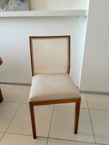 5 Cadeiras Elegantes de Madeira, Palhinha e Linho Bege - Ótimo Estado
