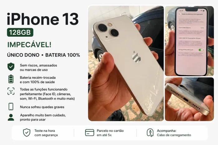 iPhone 13 Branco - Bateria 100% - Impecável