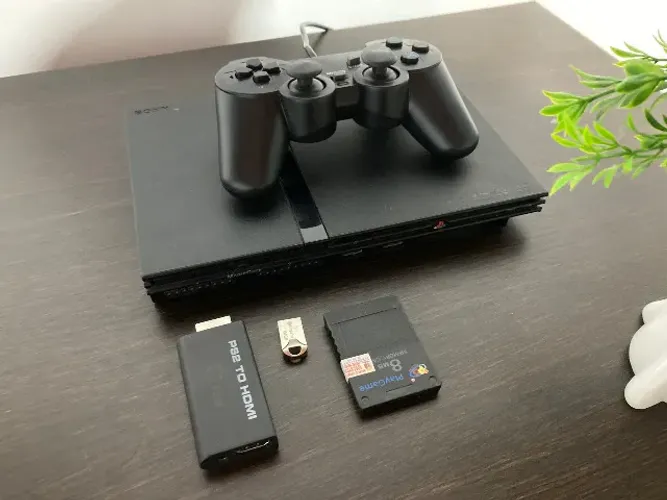 PS2 com MemoryCard, controle novo e conversor HDMI