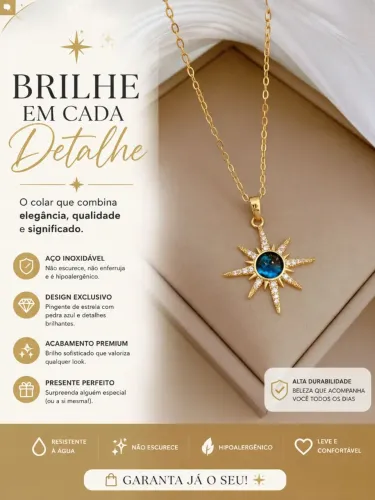 Colar Estrela Aço Inoxidável Dourado Pedra Azul Zircônias - Resistente à Água