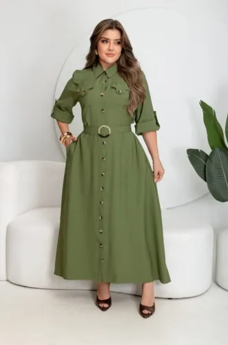 Vestido Chemise Feminino com Cinto, Botões Frontais e Bolsos Cores e Tamanhos Variados