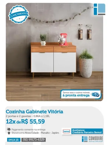 Gabinete de Cozinha Vitória 2 Portas e 2 Gavetas | Balcão Multiuso | Pronta Entrega 