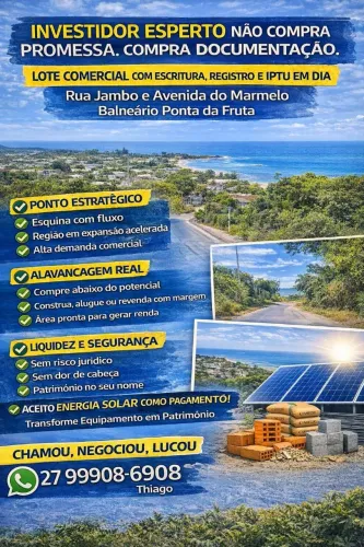 LOTE COMERCIAL COM DOCUMENTAÇÃO BLINDADA, ACEITO PROPOSTAS TROCAS<br>ESCRITURA<br>REGISTRO<br>IPTU