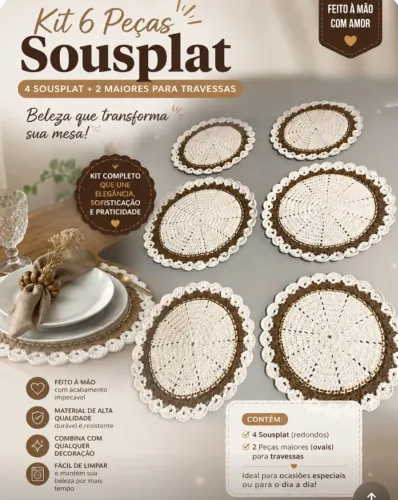 Kit 4 peças de sousplat + 2 peças maiores para travessa 