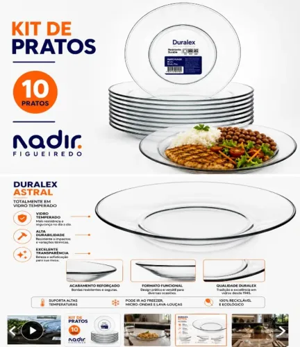 Jogo de Pratos Fundos Duralex Astral Transparente Vidro Temperado Restaurante Hotel Almoço