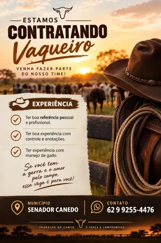Vaga de vaqueiro - Senador Canedo - GO