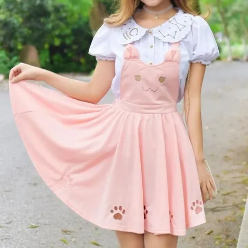 Jardineira Kawaii Kitty Estilo Japonês/Coreano Ulzzang Cute