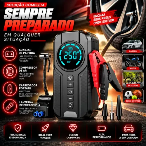 Compressor de ar portátil sem fio e auxiliar de partida para carro