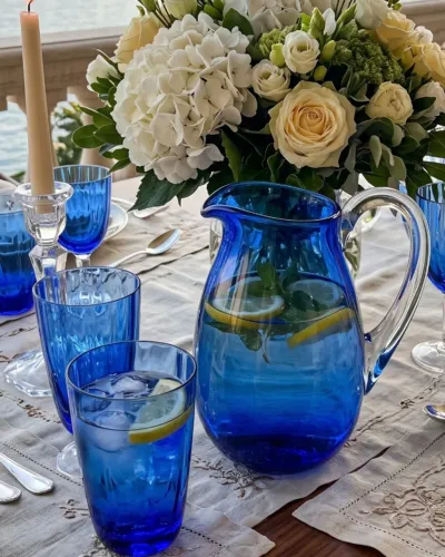 Jogo Jarra E 4 Copos Long Drink Cristal Hering Azul Cobalto