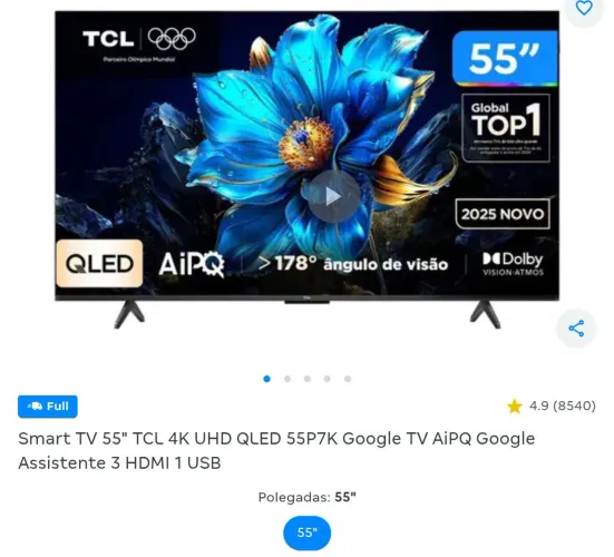 TV tcl Qled 55 4k Com 7 meses de uso, em perfeito estado