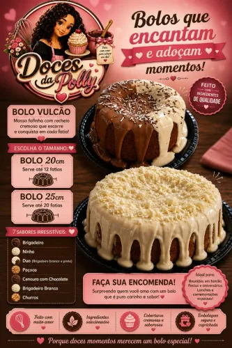 Bolo Vulcão Artesanal | Brigadeiro, Ninho, Churros e mais | Doces da Polly