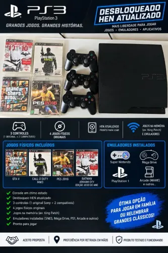 PLAYSTATION 3 DESBLOQUEADO + 3 CONTROLES + 4 MÍDIAS FÍSICAS 