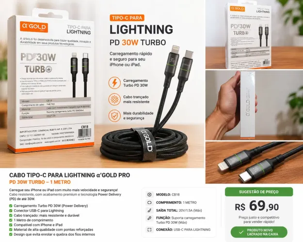 Cabo Tipo-C para Lightning ?Gold Pro PD 30W Turbo - Novo Lacrado