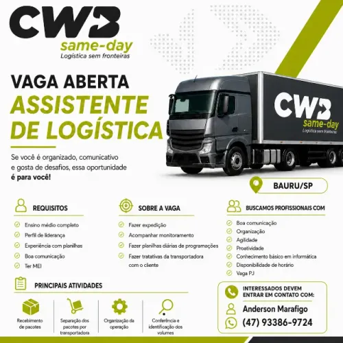 Vaga para Assistente de Logística - Bauru/SP 