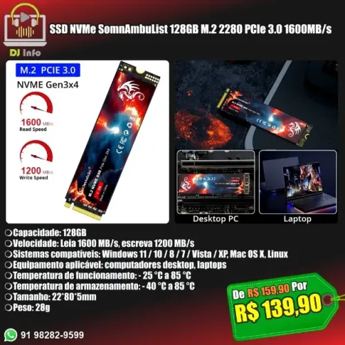 SSD NVMe SomnAmbuList 128GB M.2 2280 PCIe 3.0 1600MB/s