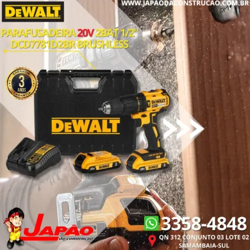 Parafusadeira Furadeira 2 Baterias 20V + Maleta Motor Brusheless Dewalt DCD7781D2