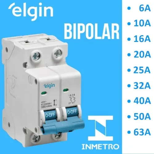 Disjuntor Elgin Din Bipolar Termomagnético 6A até 50A Curva C 2 Polo Inmetro