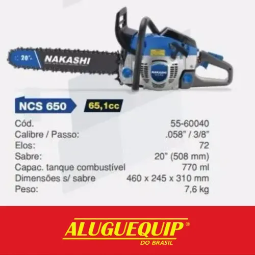 Motosserra Profissional Nakashi NCS650 65,1cc À Gasolina Sabre de 20 polegadas