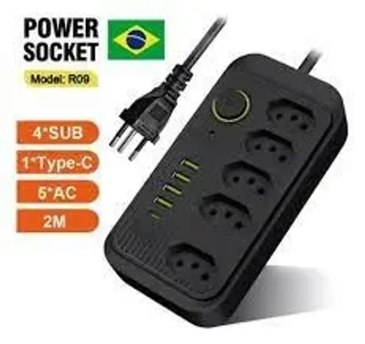 Régua Extensão 2m Filtro 5 Tomadas 4 Usb 1 Tipo C Anti Chama