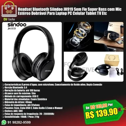 Headset Bluetooth Siindoo JH919 Sem Fio Super Bass com Mic